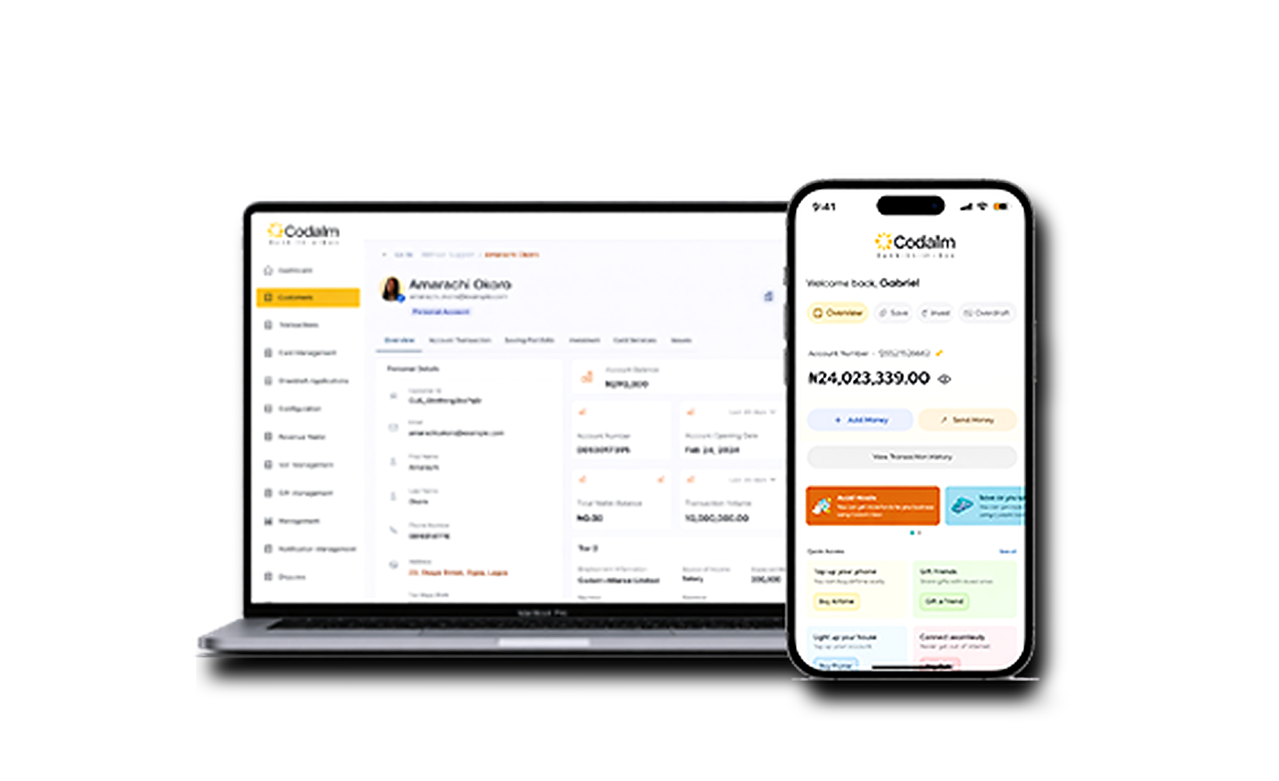 Codalm banking infrastructure product mockup